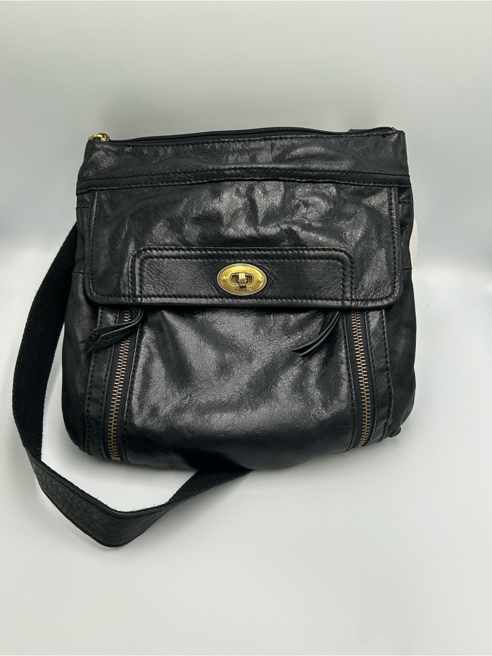 Fossil Stanton Crossbody Bag Black Leather Turn-lock Pockets Purse Adj Strap